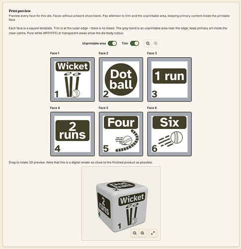 Accessories print preview example (d6 die)